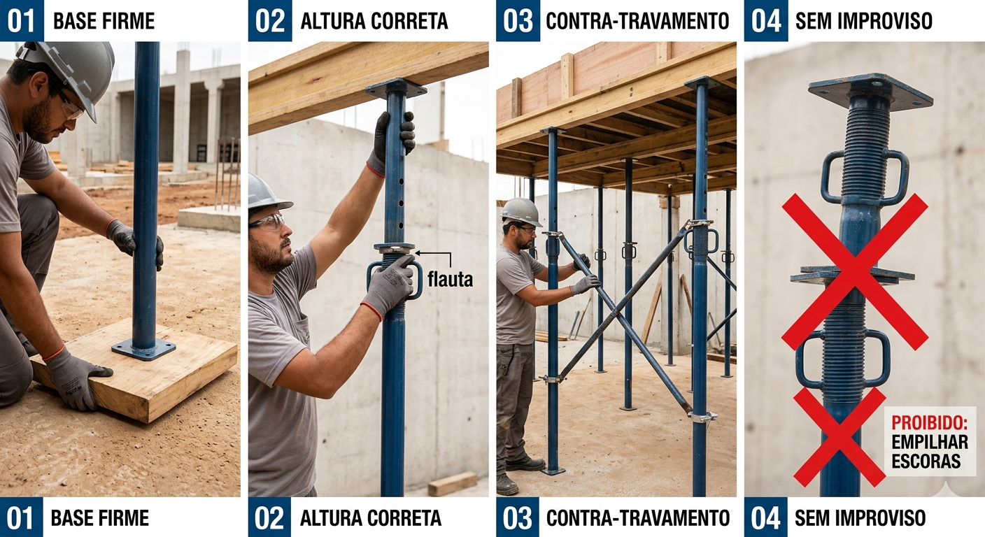 Orientações visuais sobre o uso mais seguro de escoras metálicas: base firme, altura correta, contra-travamento e sem improviso.